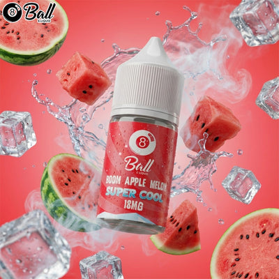 Bottle of 8Ball Boom Apple Melon Super Cool vape juice with watermelon slices and ice cubes on a red background