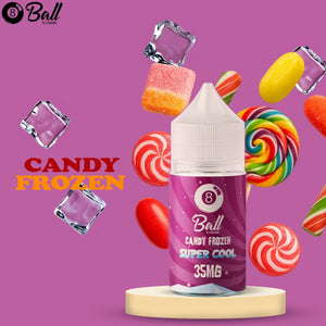 8 Ball Candy Frozen vape juice bottle with candy-themed background on a purple background