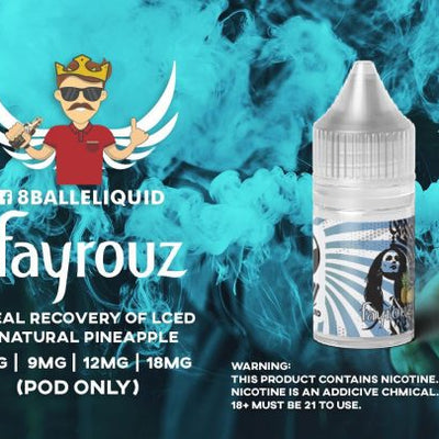 Fayrouz vape pod with branding and product details on a blue smoke background