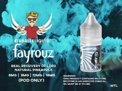 Fayrouz vape pod with branding and product details on a blue smoke background