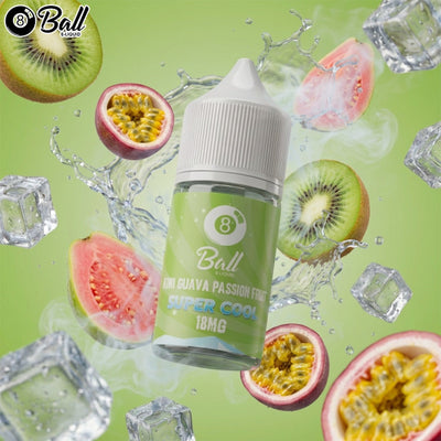 8 Ball e-liquid bottle with tropical fruits and ice cubes on a green background