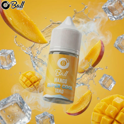 Ball Mango vape juice bottle with mango slices and ice cubes on a yellow background