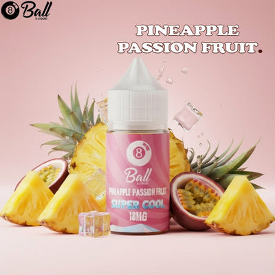 8 Ball Pineapple Passion Fruit vape juice bottle with pineapple and passion fruit on a pink background