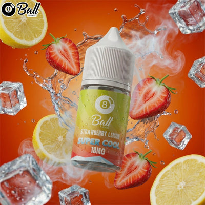 8 Ball Strawberry Lemon vape juice bottle with ice cubes, strawberries, and lemons on an orange background
