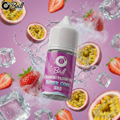 8 Ball Strawberry Passion Fruit vape juice bottle with fruit and ice background
