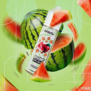 Boomi Apple Melon vape juice bottle surrounded by watermelon slices on a green background