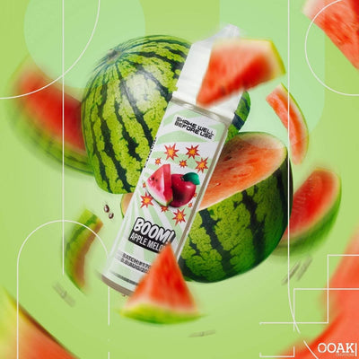 Boomi Apple Melon vape juice bottle surrounded by watermelon slices on a green background