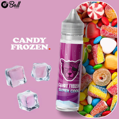 Vape juice bottle labeled 'Candy Frozen' with colorful candies and ice cubes on a pink background
