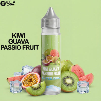 Kiwi Guava Passion Fruit vape juice bottle with fruits and ice cubes on a green background