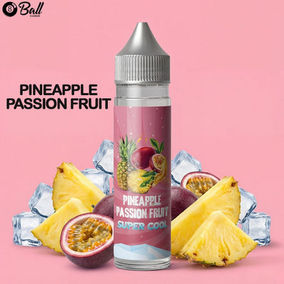 Pineapple passion fruit vape juice bottle with fruit and ice cubes on a pink background