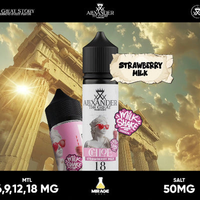 Alexander the Great strawberry milk vape with architectural background