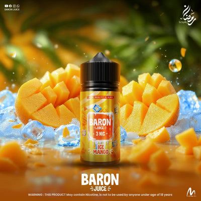Bottle of Baron Juice Ice Mango flavor surrounded by sliced mangoes and ice cubes.