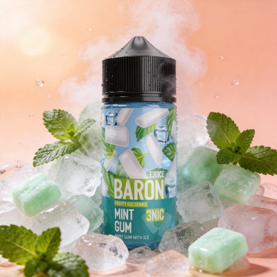 Juice Baron Mint Gum vape juice bottle with mint leaves and ice cubes on a gradient background