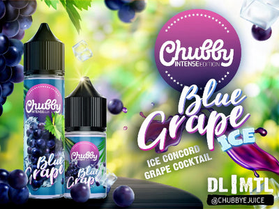 Chubby Blue Grape Ice vape juice bottles with grapes and colorful background