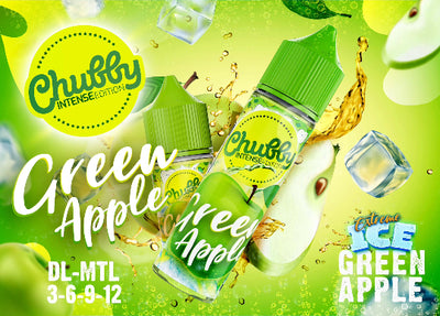 Chubby Green Apple vape juice bottle with green apple graphics and 'Chubby' branding on a green background.