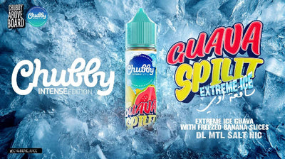 Chubby Ice Guava Split Extreme Ice vape juice bottle on a blue ice background