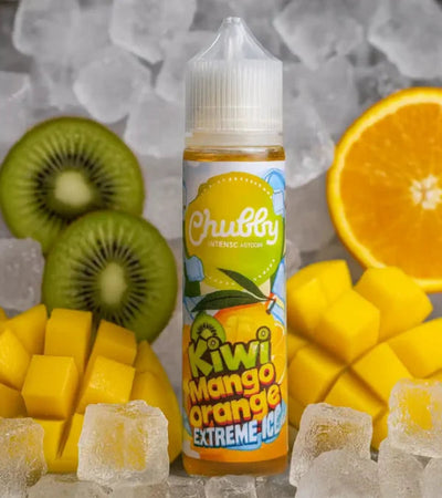 Chubby Gorilla Kiwi Mango Orange Extreme Ice vape juice bottle with fruit and ice cubes in the background