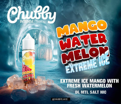 Chubby Mango Watermelon Extreme Ice vape juice bottle with ice cubes in a icy background