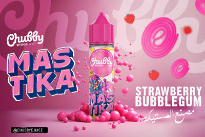 Chubby Juice MASTIKA Strawberry Bubblegum flavor bottle on a pink background with decorative elements.