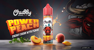 Chubby Power Peach energy drink with packaging and peach slices on a dark background