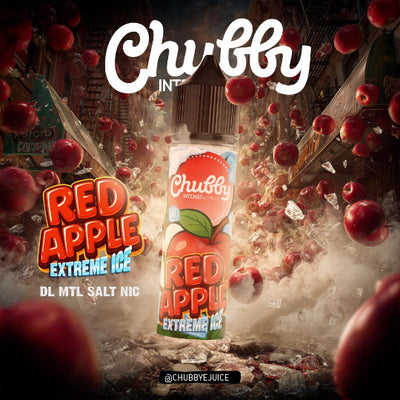 Chubby Juice Red Apple Extreme Ice vape juice bottle surrounded by red apples with a dynamic background.