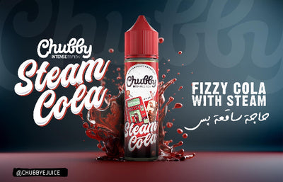 Chubby Steam Cola bottle with red liquid splashing on a dark background