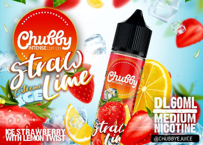 Chubby juice bottle with strawberry and lemon twist flavor on a colorful background