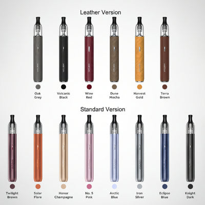 Comparison chart of vape devices in leather and standard versions with color swatches.