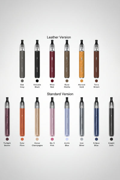 Comparison chart of vape devices in leather and standard versions with color swatches.