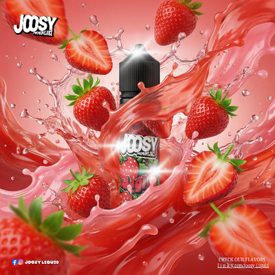 Joosy strawberry-flavored vape juice with strawberries and water splashes on a red background