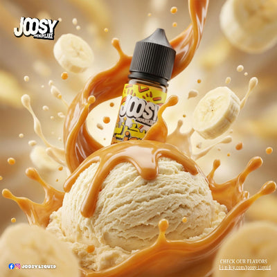 Joosy e-liquid bottle with ice cream and caramel sauce on a dynamic background