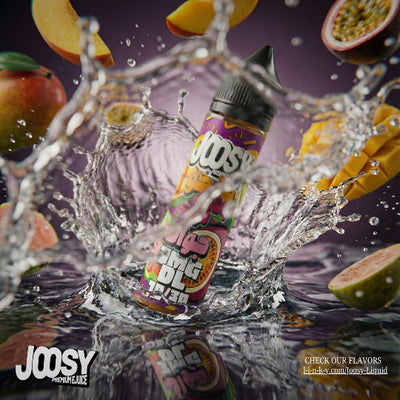 Joosy vape juice bottle with fruit and water splash on a dark background