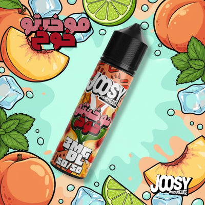 Joosy vape juice bottle with peach and lime design on a colorful background
