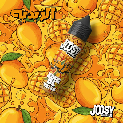 Joosy Mango vape juice bottle on a mango-themed background