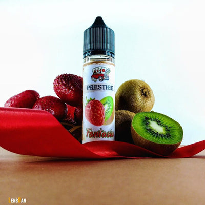 Prestige Fantasia fruit-flavored e-liquid bottle with strawberries and kiwis on a red ribbon