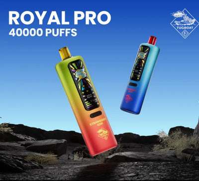 Two colorful vape devices with 'ROYAL PRO' branding against a desert landscape background.