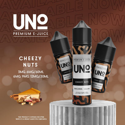 UNO Premium E-Juice bottles with 'Cheezy Nuts' flavor on a brown background