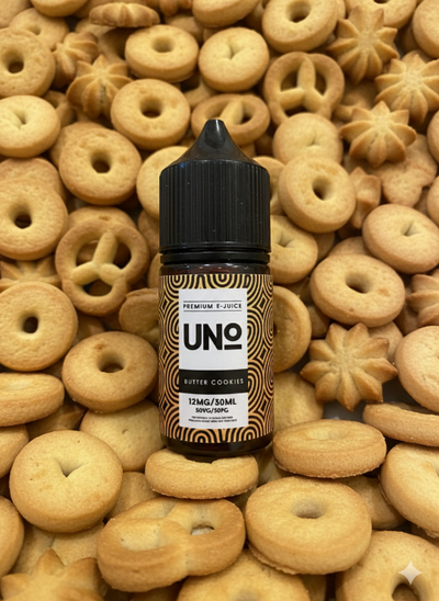 Bottle of UNO e-liquid surrounded by various cookies