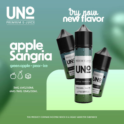 UNO Premium E-Juice bottles with 'Apple Sangria' flavor on a green background