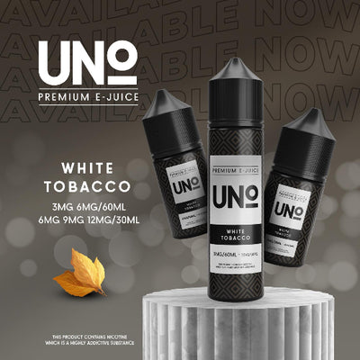 UNO Premium E-Juice White Tobacco flavor bottles on a gray background with branding and product details.