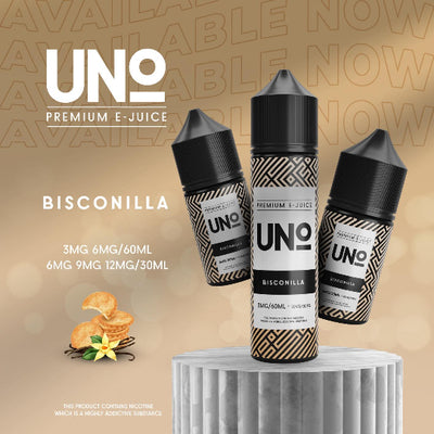 UNO Premium E-Juice Bisconilla bottles on a beige background with product details.