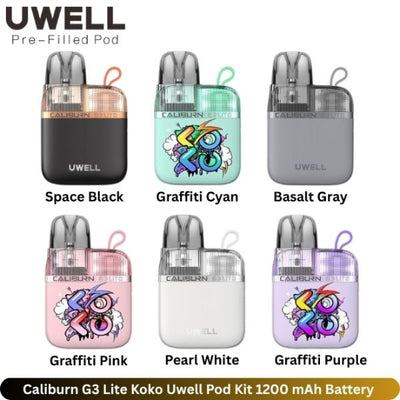 UWELL Caliburn G3 Lite Koko Uwell Pod Kit with six different colored pods on a white background.