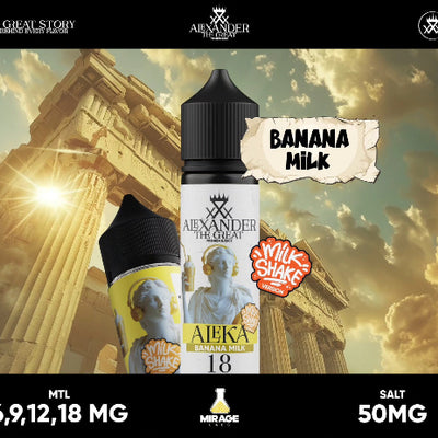 A bottle of Alekka Banana Milk vape juice with classical architecture in the background