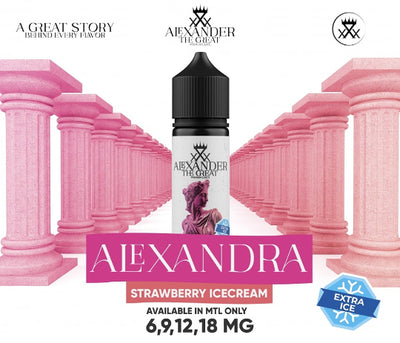 Vape juice bottle labeled 'Alexander the Great' with pink architectural columns in the background