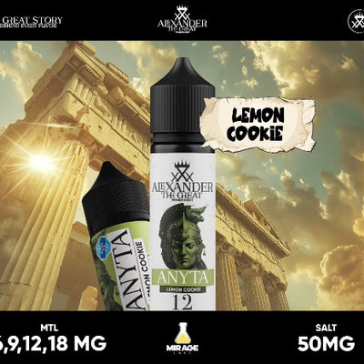 Vape juice bottle labeled 'Lemon Cookie' with classical architecture in the background