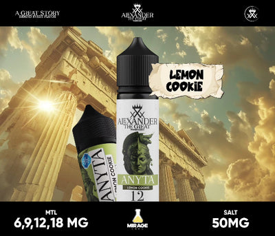 Vape juice bottle labeled 'Lemon Cookie' with classical architecture in the background