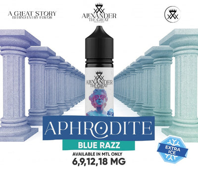 Vape juice bottle with 'Alexander the Great' branding and architectural columns in the background