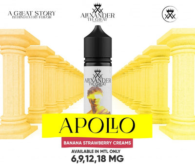Vape juice bottle with 'Alexander the Great' branding and 'Apollo' flavor description on a classical architecture-themed background.