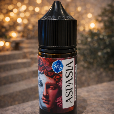 Bottle of Aspasia liquid with decorative background