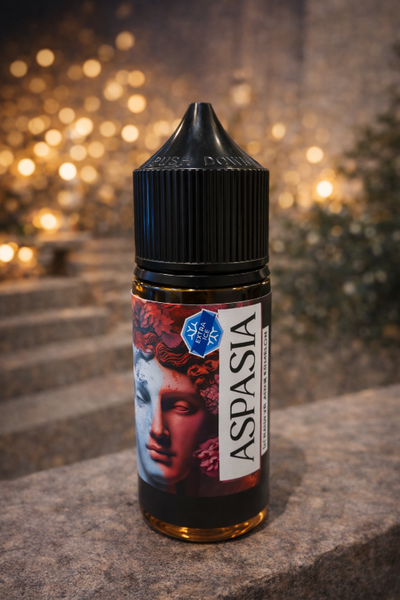 Bottle of Aspasia liquid with decorative background